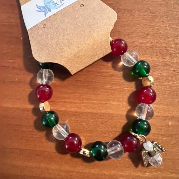 Holiday Red and Green Stretchy Bracelet with Gold Accents and Glass Angel Charm - Picture 2 of 2